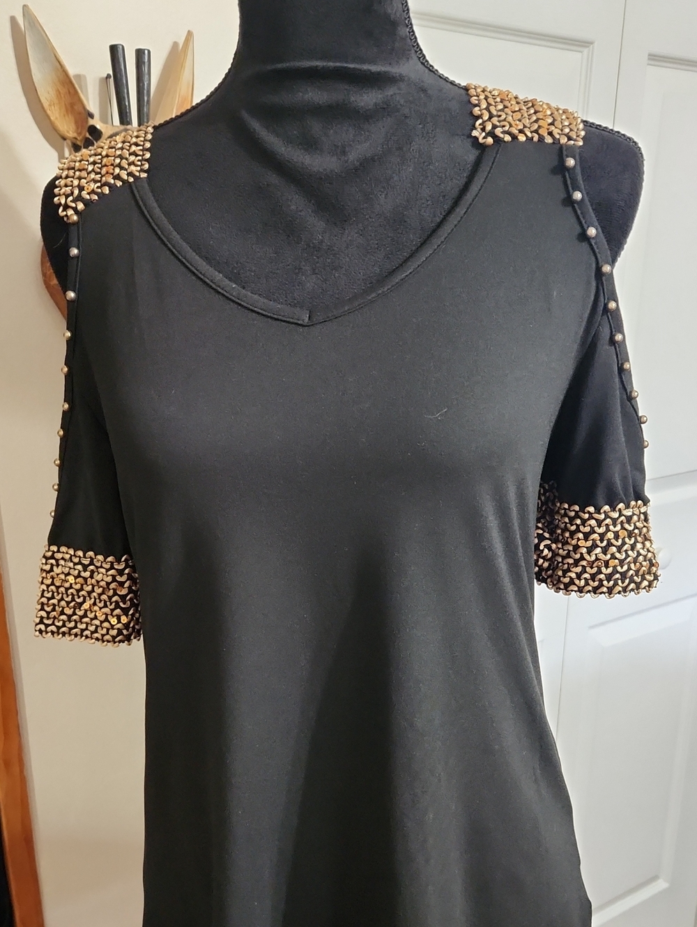 Black Cold-Shoulder Blouse with Gold Beaded Accents